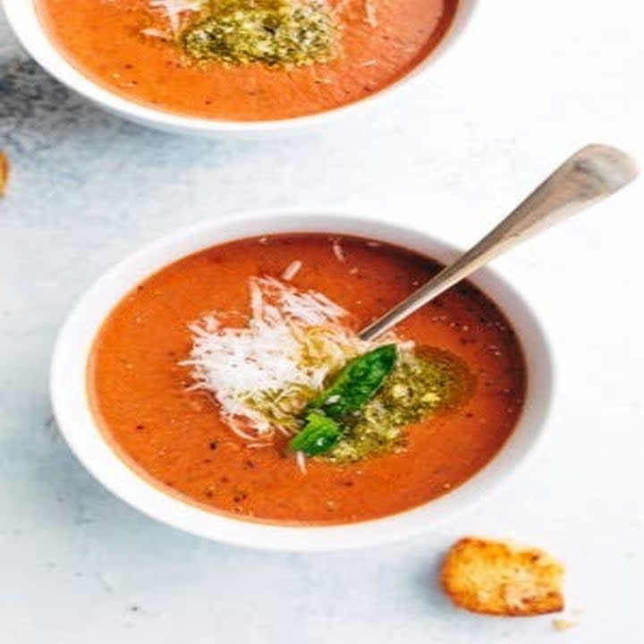 Slow Cooker Parmesan Basil Tomato Soup in a bowl