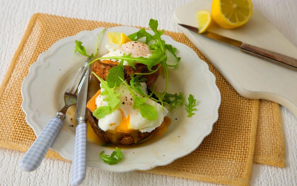 Portobello toast with salmon and eggs