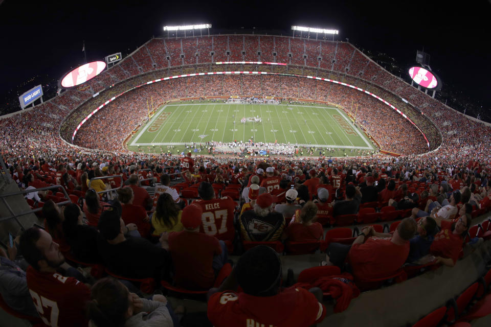 FILE - In this Aug. 24, 2019, file photo, the Kansas City Chiefs and the San Francisco 49ers play during the second half of an NFL preseason football game at Arrowhead Stadium in Kansas City, Mo. The Chiefs will open defense of their Super Bowl championship by hosting Houston on Sept. 10 in the NFL's annual kickoff game — pending developments in the coronavirus pandemic, of course. (AP Photo/Charlie Riedel, File)