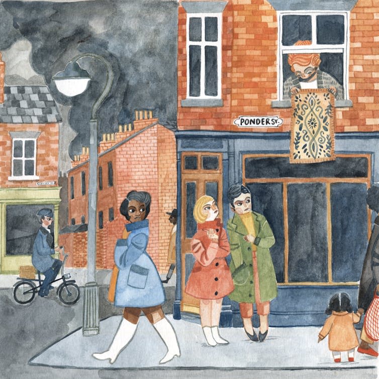 An illustrated scene of girls in a city.