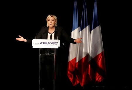 FILE PHOTO: Marine Le Pen, French National Front (FN) political party leader and candidate for French 2017 presidential election, attends a political rally in Monswiller, near Strasbourg, France April 5, 2017. REUTERS/Christian Hartmann