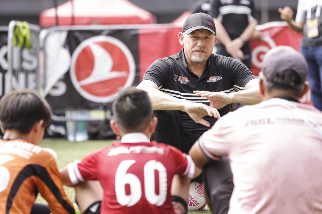 Former Manchester United goalkeeper Peter Schmeichel during the JSSL Singapore FA Cup youth tournament at Our Tampines Hub. (PHOTO: JSSL)