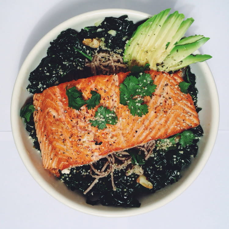 Pan Seared Salmon over Buckwheat Soba Noodles and Kale (Gluten-Free)