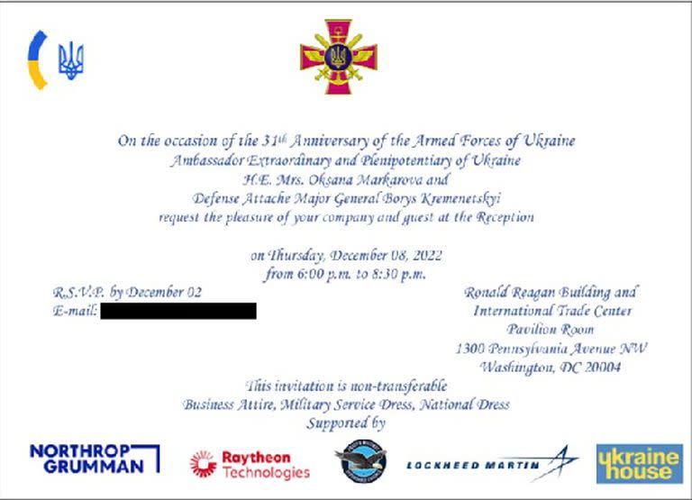 Tarjeta de invitación realizada por la embajada de Ucrania en Washington, con el logo de las empresas armamentísticas norteamericanas