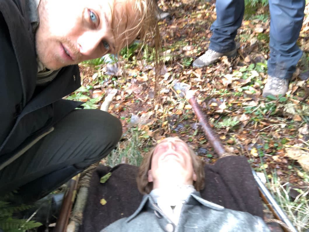 Sam Heughan was seeing double on the set of “Outlander” in a photo he posted to Twitter on April 27, 2020. Heughan, who stars as Jaime Fraser in the series, snapped a selfie of himself alongside a fake model of his character’s body, which he captioned “Jamie and errrrr... Jamie?”