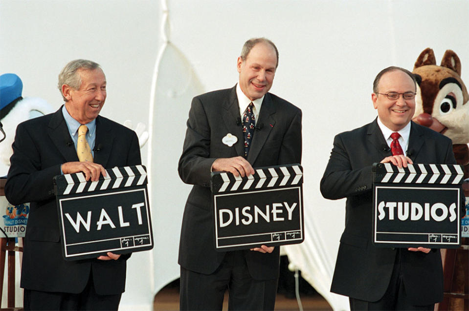 From left: Roy Disney, Michael Eisner and Jay Rasulo attended the opening of Walt Disney Studios in Marne-La-Vallee, France.