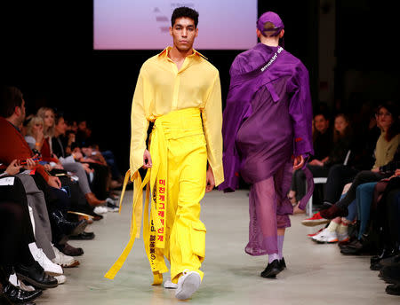 A model presents a creation by students of fashion colleges during the Berlin Fashion Week Autumn/Winter 2019/20 in Berlin, Germany, January 14, 2019. REUTERS/Fabrizio Bensch