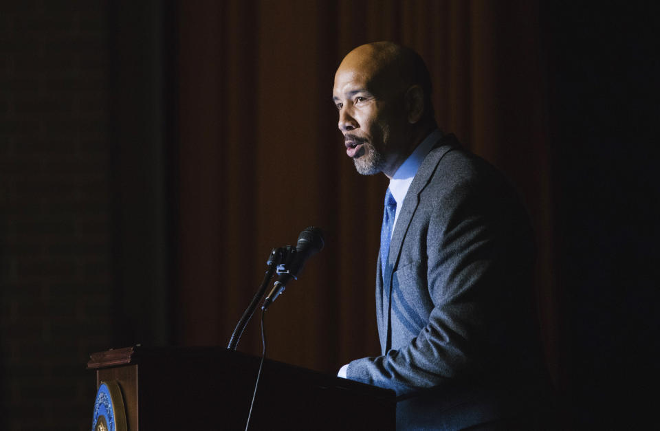 Bronx Borough President Ruben Diaz delivers remarks at the swearing-in ceremony and inaugural address of Rep. Alexandria Ocasio-Cortez at the Renaissance School for Musical Theater and Technology in the Bronx borough of New York on Saturday, Feb. 16, 2019. (AP Photo/Kevin Hagen)