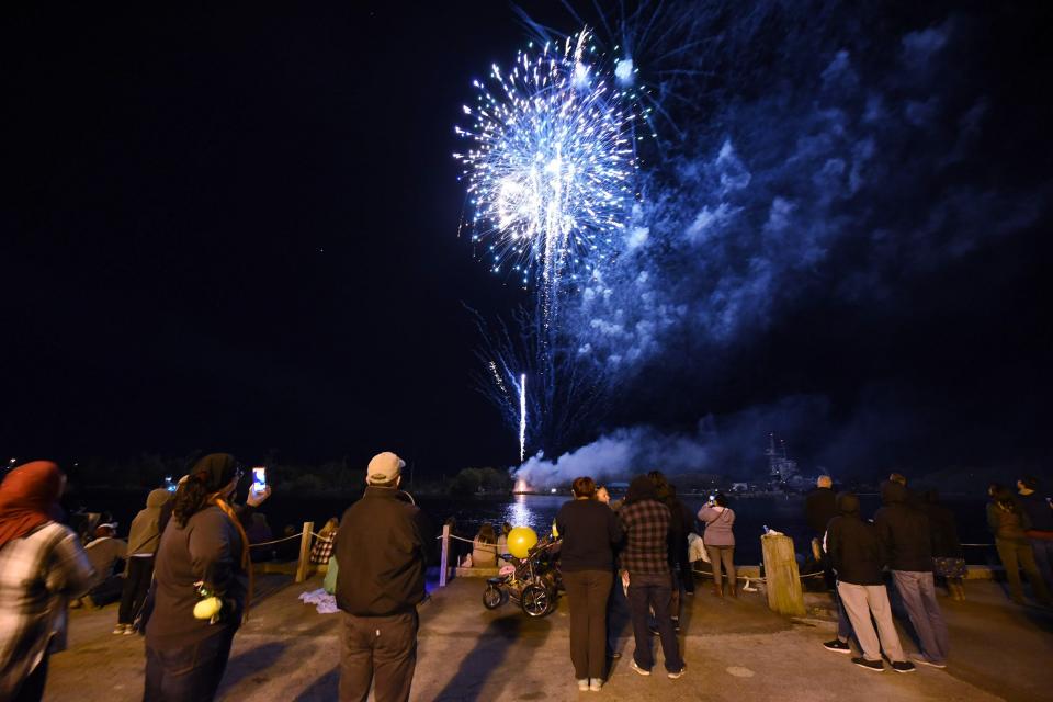 People enjoy the N.C. Azalea Festival fireworks in 2017 along Water Street in downtown Wilmington. Fireworks return to the festival on Saturday night.