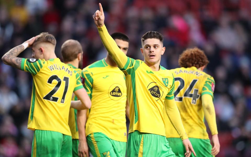 Milot Rashica of Norwich City celebrates after scoring their team's first goal during the Emirates FA Cup Third Round match between Charlton Athletic and Norwich City at The Valley on January 09, 2022 in London, England. - GETTY IMAGES