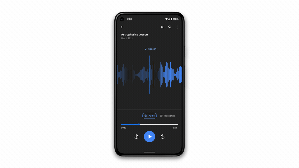 Google Pixel Recorder update spring 2021 animation showing the phone expanding into a wider screen on a browser with layout changes