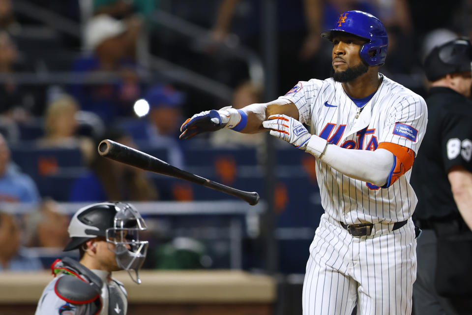 New York Mets' Starling Marte (6) drops his bat after hitting a home run against the Miami Marlins during the fifth inning of a baseball game Wednesday, June 12, 2024, in New York. (AP Photo/Rich Schultz)