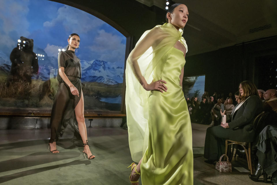 The Brandon Maxwell collection is modeled at the American Museum of Natural History during NYFW Fall/Winter on Saturday, Feb. 8, 2020 in New York. (Photo by Charles Sykes/Invision/AP)