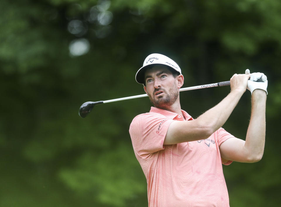 Chase Seiffert watches his tee shot on the sixth hole during the second round of the John Deere Classic golf tournament Friday, July 9, 2021, in Silvis, Ill. (Jessica Gallagher/The Dispatch – The Rock Island Argus via AP)