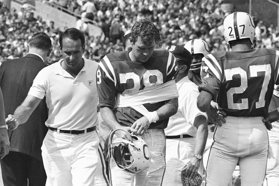 FILE - In this Sept. 17, 2020, file photo, Baltimore Colts receiver Jimmy Orr was along the sideline after suffering a dislocated shoulder during the team's NFL football game against the Atlanta Falcons in Baltimore. Orr, a sure-handed wide receiver who played for the Pittsburgh Steelers and the Colts, died Tuesday, Oct. 27, 2020. He was 85. His death was confirmed Wednesday by Edo Smith and Sons Funeral Home in Brunswick, Ga. (AP Photo, File)