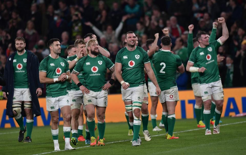 Ireland celebrate after the Vodafone Series match between Ireland and New Zealand at Aviva Stadium on November 13, 2021 in Dublin - GETTY IMAGES