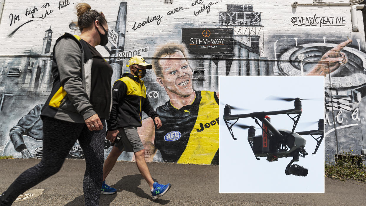 Melbourne residents are pictured wearing Richmond Tigers colours, with an image of a drone inset.