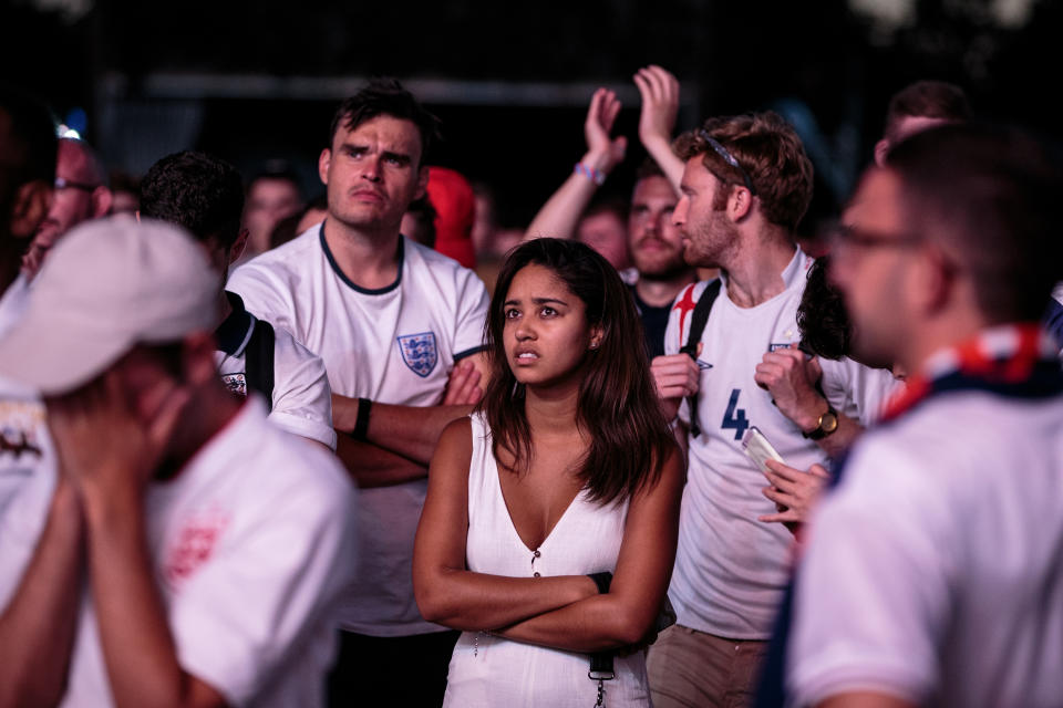 <p>England football fans react after their defeat as they watch the Hyde Park screening of the FIFA 2018 World Cup semi-final match between Croatia and England on July 11, 2018 in London, United Kingdom.The winner of this evening’s match will go on to play France in Sunday’s World Cup final in Moscow. Up to 30,000 free tickets were available by ballot for the biggest London screening of a football match since 1996. (Photo by Jack Taylor/Getty Images) </p>