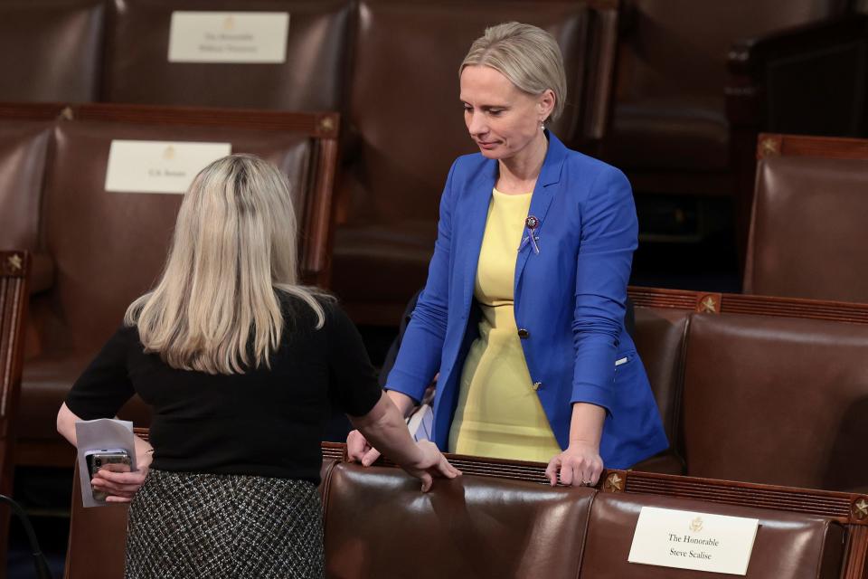 Rep. Victoria Spartz, R-Ind., who emigrated from Ukraine, talks on the House floor before President Joe Biden arrives to deliver his State of the Union address to a joint session of Congress at the Capitol, Tuesday, March 1, 2022, in Washington.