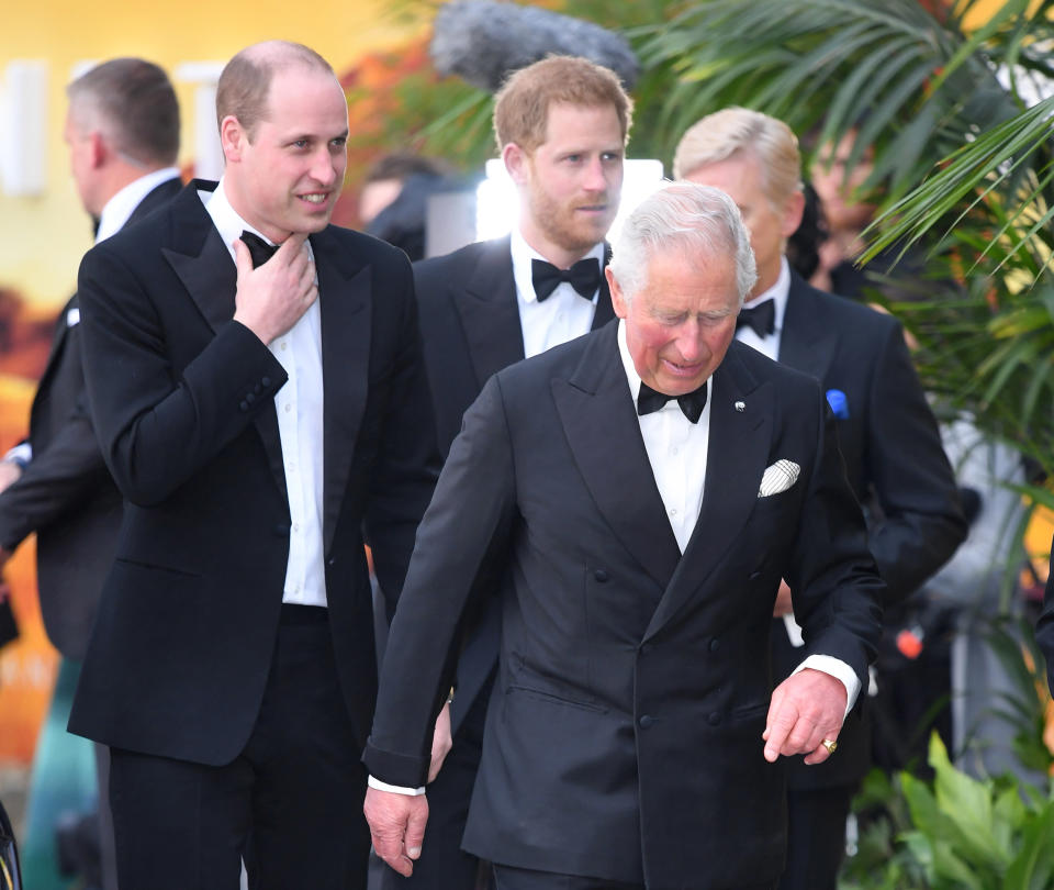 Prince William, Duke of Cambridge, Prince Harry, Duke of Sussex and Prince Charles, Prince of Wales attend the "Our Planet" global premiere  at Natural History Museum on April 04, 2019 in London, England. 