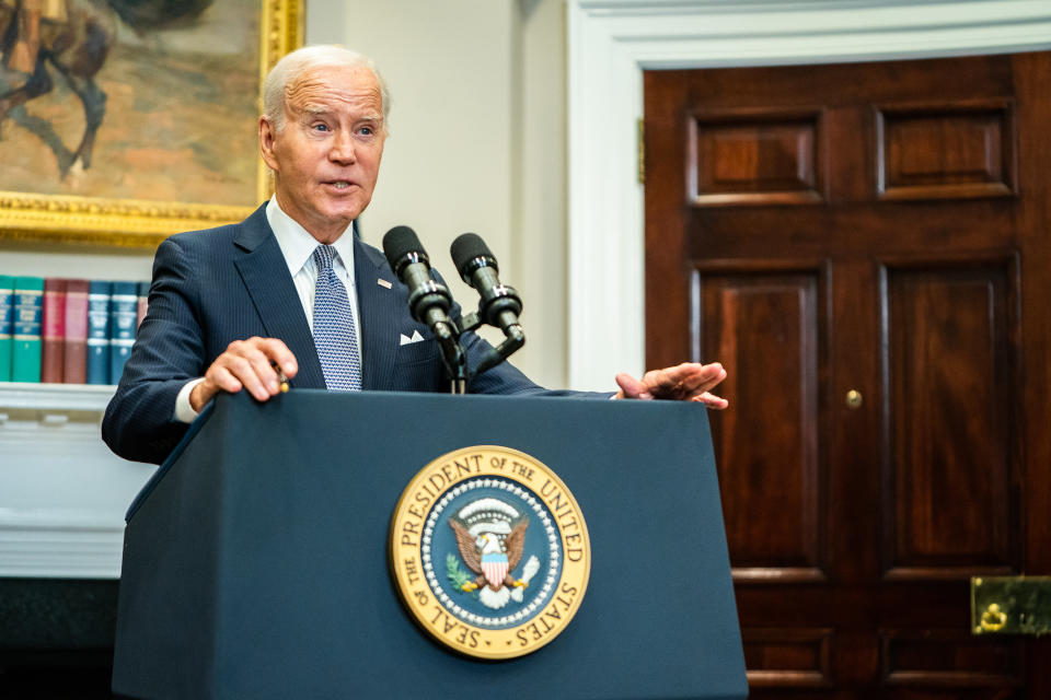 WASHINGTON, DC  June 30, 2023:

US President Joe Biden delivers remarks on the Supreme Court's decision on the Administration's student debt relief program in the Roosevelt Room of the White House on Friday, June 30, 2023. United States Secretary of Education Miguel Cardona was present for remarks.

(Photo by Demetrius Freeman/The Washington Post via Getty Images)