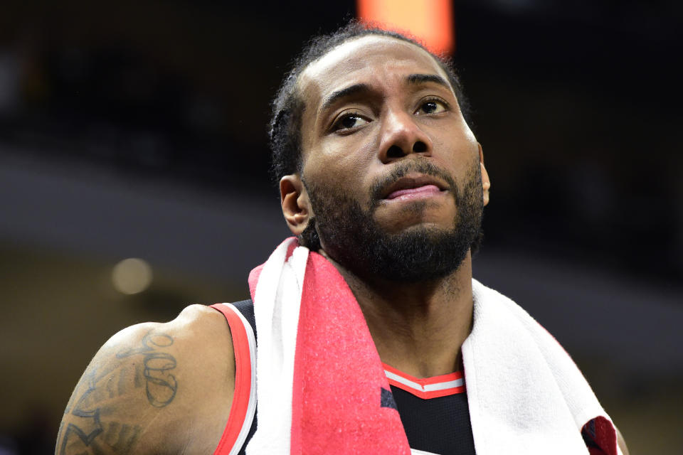 Toronto Raptors forward Kawhi Leonard reacts at the end of Game 2 of the team's NBA basketball playoffs Eastern Conference finals against the Milwaukee Bucks, Friday, May 17, 2019, in Milwaukee. (Frank Gunn/The Canadian Press via AP)