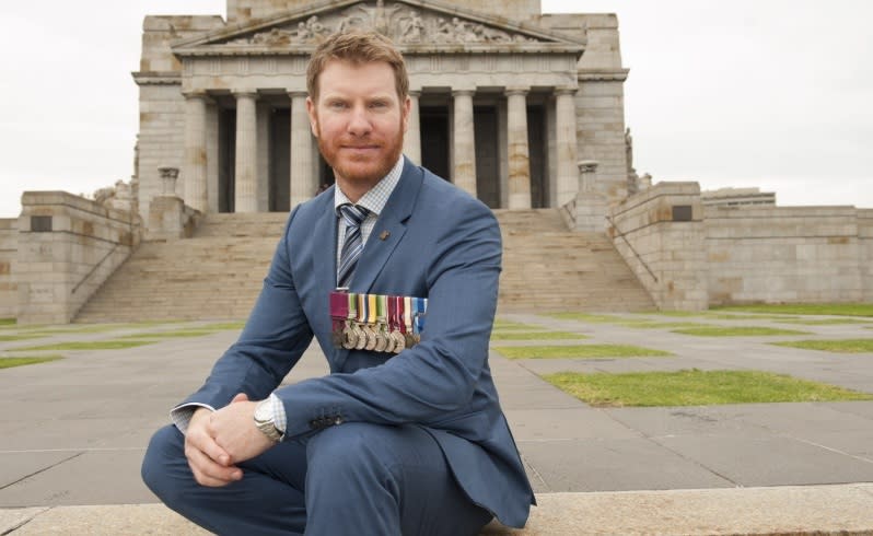 Corporal Daniel Keighran VC on the steps of The Shrine of Remembrance Melbourne. Picture: Lisa Saad