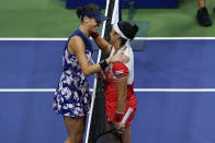 Ons Jabeur, of Tunisia, right, greets Ajla Tomljanovic, of Austrailia, after winning their quarterfinal match of the U.S. Open tennis championships, Tuesday, Sept. 6, 2022, in New York. (AP Photo/Seth Wenig)