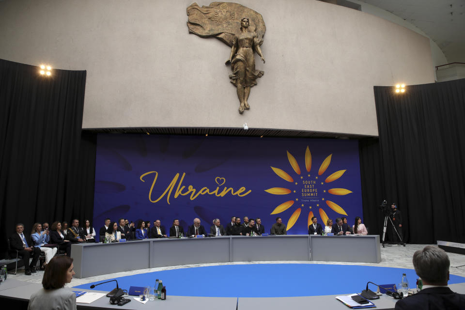 Officials take part in the summit of Southeastern European countries on peace in Tirana, Albania, Wednesday, Feb. 28, 2024. Ukraine's president co-hosts a summit with Albania's government on Wednesday that is meant to encourage further support for Kyiv by southeastern European countries, as signs of fatigue grow two years after Russia's full-scale invasion. (AP Photo/Armando Babani, Pool)