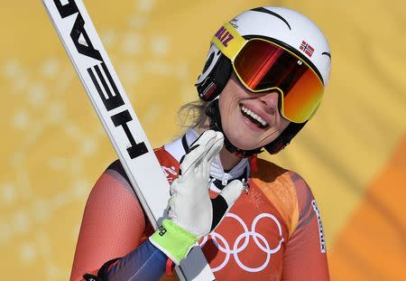 Alpine Skiing - Pyeongchang 2018 Winter Olympics - Women's Alpine Combined - Jeongseon Alpine Centre - Pyeongchang, South Korea - February 22, 2018 - Ragnhild Mowinckel of Norway gestures during the Women's Downhill part of the Women's Alpine Combined. REUTERS/Toby Melville