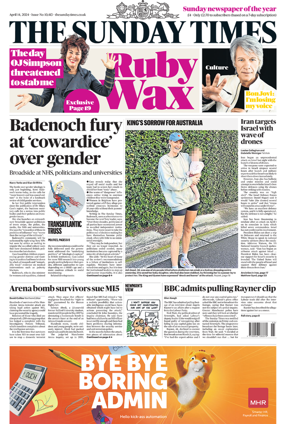 The Sunday Times headline: "Badenoch's fury at gender 'cowardice'"