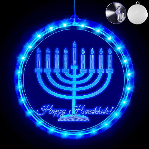 Hanukkah Decorations Blue Chanukah Window Lights Battery Operated Chanukah LED Lights for Jews Judaism Synagogue Passover Shabbat Christmas Home Ornament Indoor Outdoor Decor (Menorah)