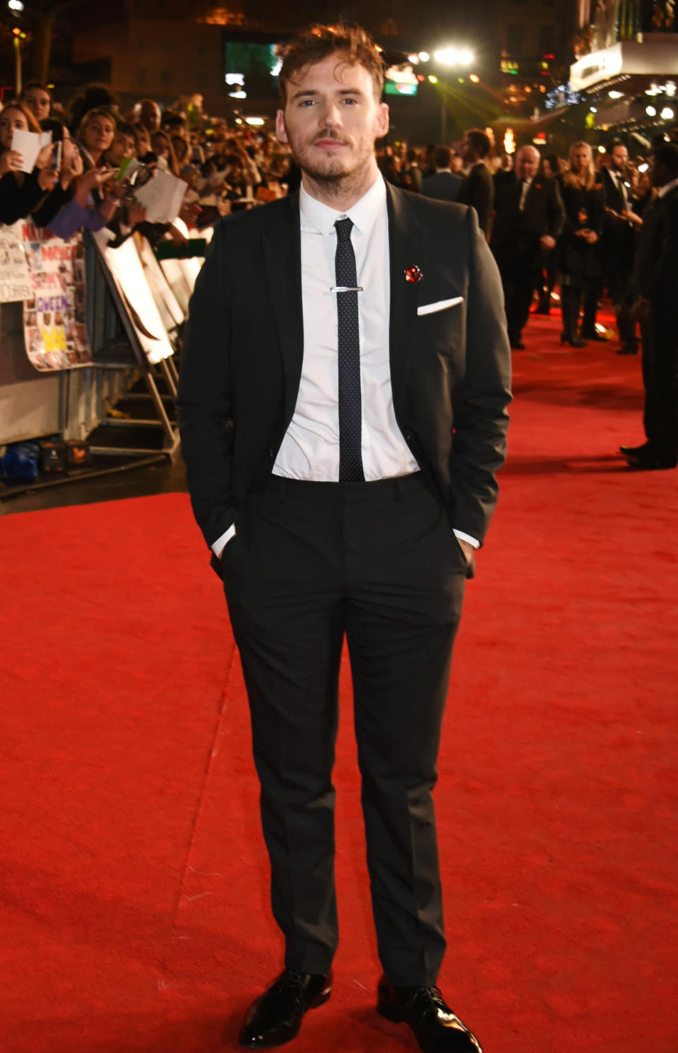 Sam Claflin in black and white at “The Hunger Games: Mockingjay - Part 2″ premiere in London. 