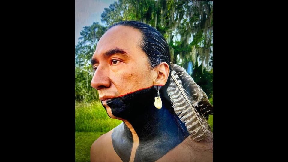 Actor Larry Yazzie, an accomplished Native American dancer, on the set of “Seeking: Mapping our Gullah Geechee Story.”