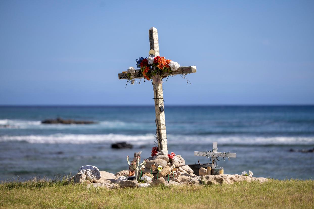 A memorial marker is seen near the beach in Waianae, Hawaii. June 13, 2024