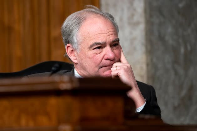 Sen. Tim Kaine (D-Va.) listens during a Jan. 11 Senate hearing on the federal response to COVID-19 and new emerging variants. (Photo: Greg Nash/pool via Associated Press)