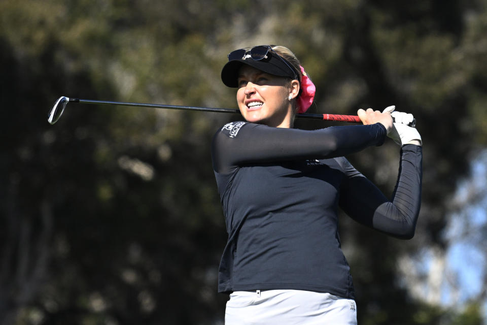 Charley Hull, of England, watches her tee shot on the 18th hole during the third round of the JTBC Classic LPGA golf tournament, Saturday, March 26, 2022, in Carlsbad, Calif. (AP Photo/Denis Poroy)