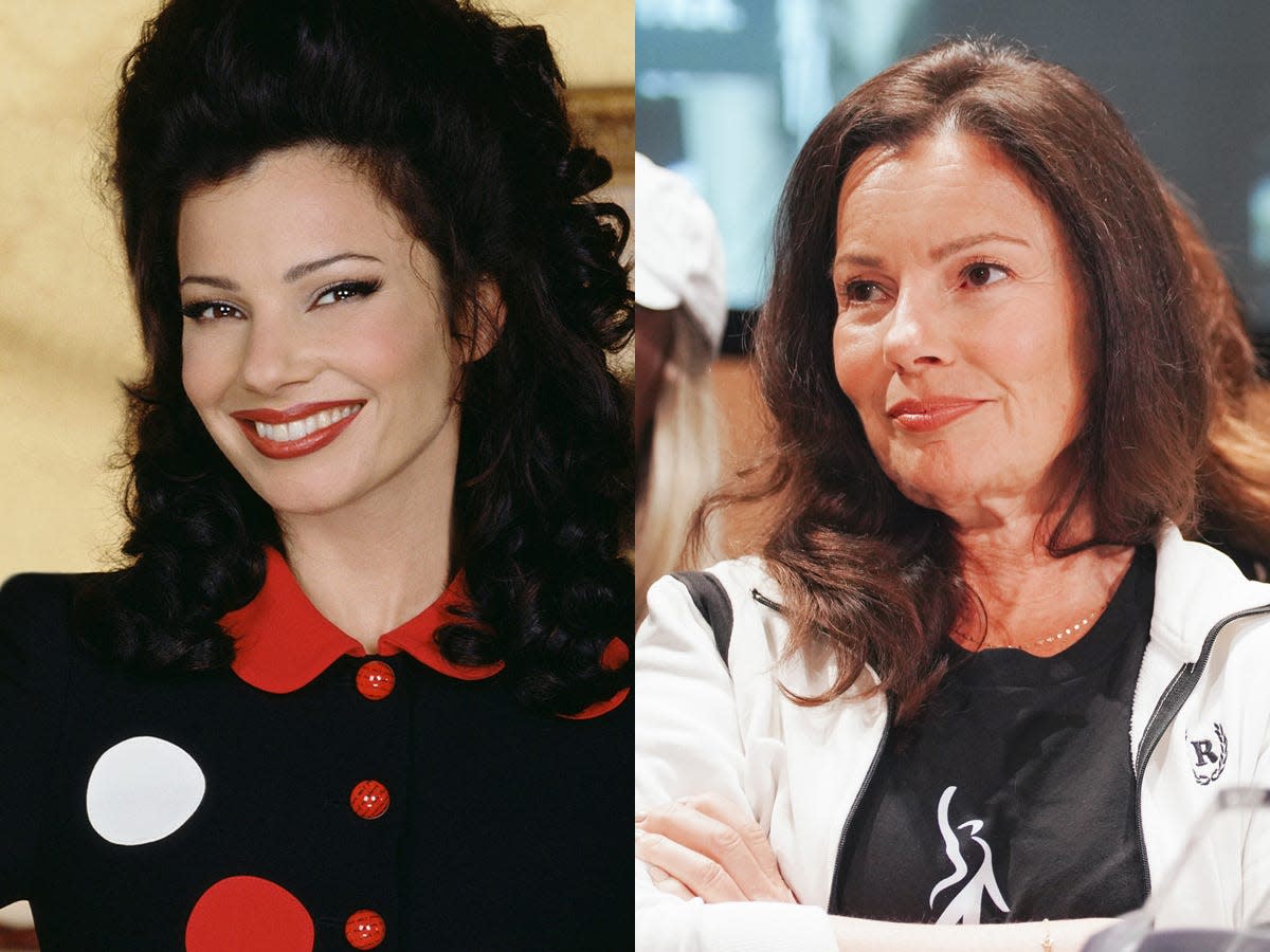 On the left: Fran Drescher on the set of "The Nanny" in the '90s. On the right: Drescher at a SAG-AFTRA press conference in July 2023.