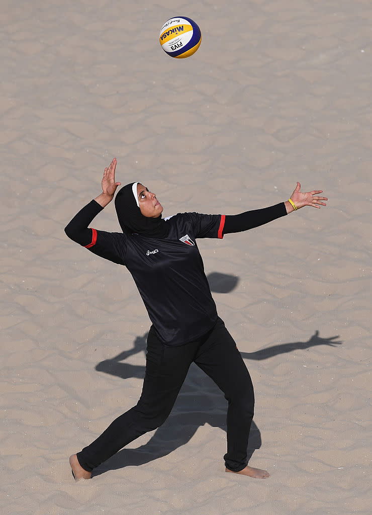 Doaa Elghobashy of Egypt plays beach volleyball at the 2016 Rio Olympics, sports, uniforms, hijab