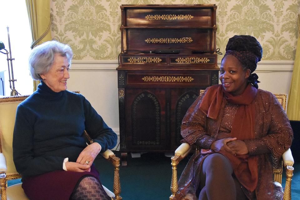 Lady Susan Hussey meets Ngozi Fulani, founder of the charity Sistah Space in the Regency room in Buckingham Palace, London, Britain Friday December 16, 2022.