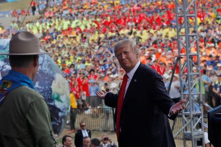 U.S. President Donald Trump reacts as he delivers remarks at the 2017 National Scout Jamboree in Summit Bechtel National Scout Reserve, West Virginia , U.S., July 24, 2017. REUTERS/Carlos Barria