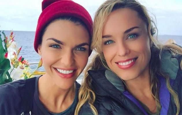 Ruby and Australian actress Jessica McNamee hang out in-between takes. Source: @rubyrose/Instagram