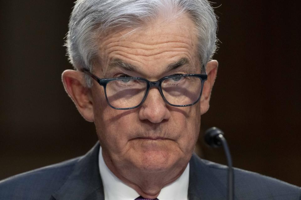 FILE - Federal Reserve Chairman Jerome Powell testifies during a Senate Banking Committee hearing on Capitol Hill in Washington, March 7, 2023. In response to surging consumer prices, the Federal Reserve has raised its benchmark interest repeatedly over the past year. But the rate hikes are putting a strain on banks. (AP Photo/Andrew Harnik, File)