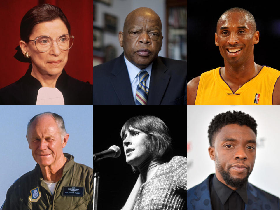 Clockwise from top left: Justice Ruth Bader Ginsburg; Congressman John Lewis; L.A. Laker Kobe Bryant; actor Chadwick Boseman; singer Helen Reddy; and test pilot Chuck Yeager. / Credit: Photos from Getty Images/photographers (clockwise from top left): Ron Sachs; Jeff Hutchens; Harry How; Matt Winkelmeyer; Ian Dickson; and David Madison