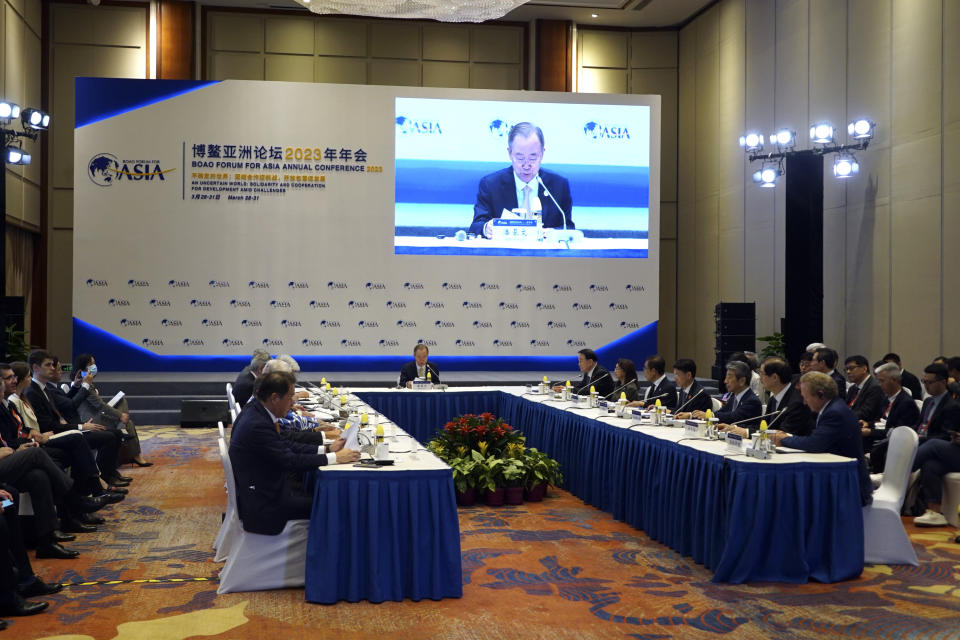 Officials attend a board meeting at the Boao Forum for Asia in Boao in southern China's Hainan Province, Wednesday, March 29, 2023. The forum runs through March 31. (AP Photo/Dake Kang)