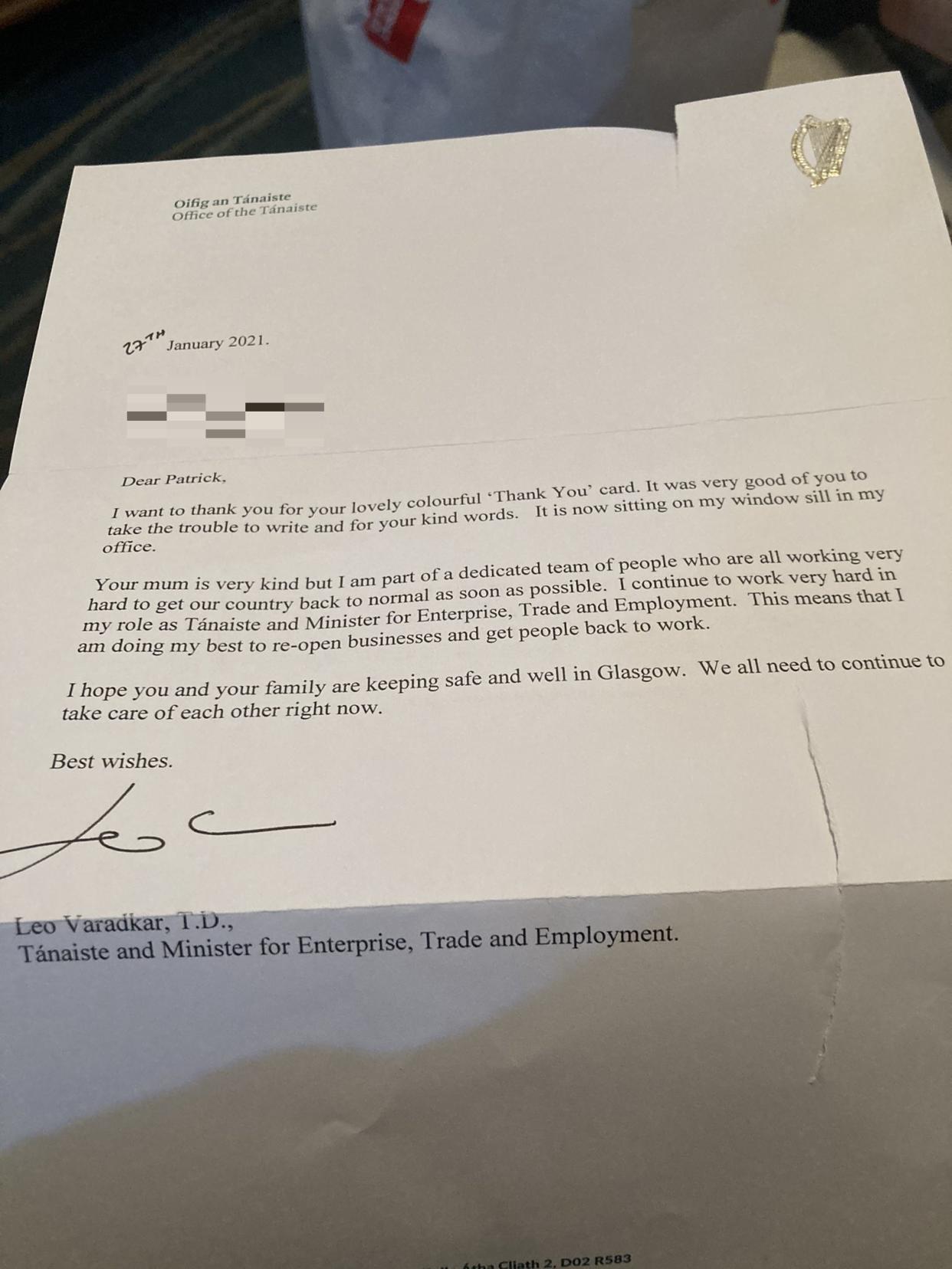 Leo Varadkar said he is keeping Patrick’s card on his window sill in his office (@Indra68/Twitter)