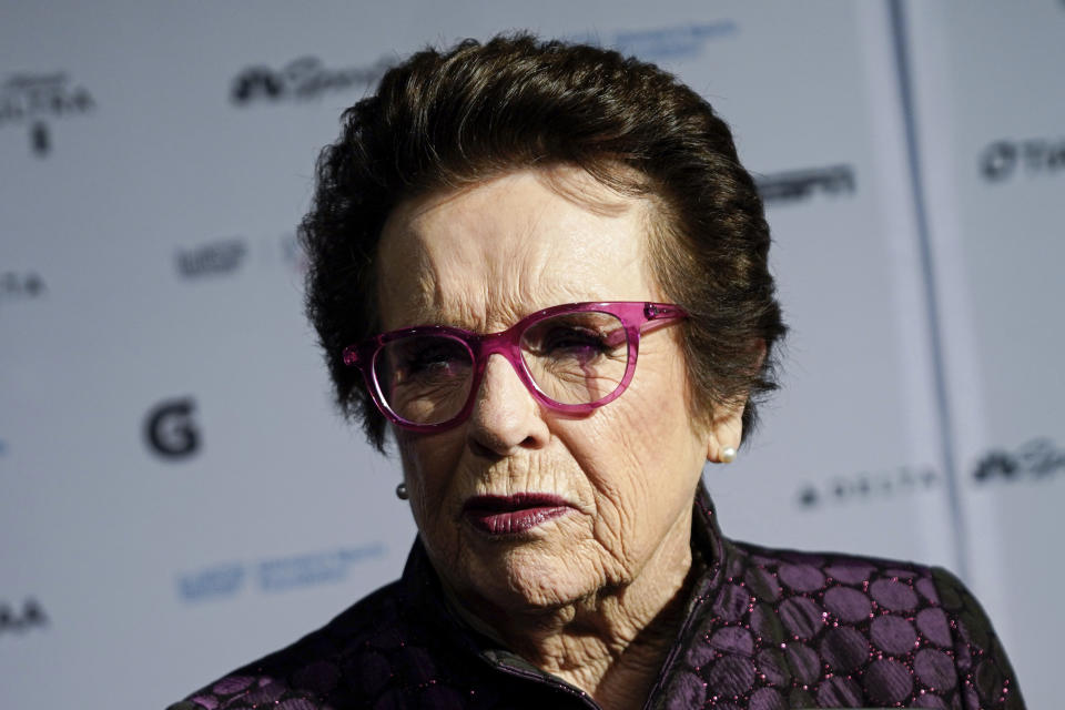 Billie Jean King poses for photos on the red carpet at the Women's Sports Foundation's Annual Salute to Women in Sports, Wednesday, Oct. 12, 2022, in New York. (AP Photo/Julia Nikhinson)