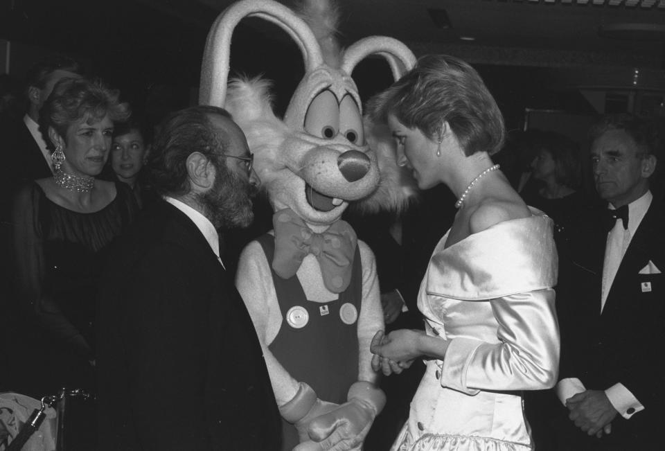 Diana, Princess of Wales meeting cartoon star Roger Rabbit and his co-star British actor Bob Hoskins from the film Roger Rabbit (PA)