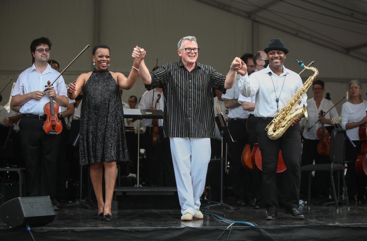 From left, singer Kathy Wade, conductor John Morris Russell and sax player J.D. Allen joined the Cincinnati Pops as part of Bond Hills’ 2021 Crown Jewels of Jazz series, which honors women in jazz. Wade and Russell will be back on July 14 with a Crown Jewels performance that is also part of the CSO’s inaugural Andrew J. Brady Neighborhood Concert Series. The performance will take place at Corinthian Baptist Church, 1920 Tennessee Ave., Bond Hill.