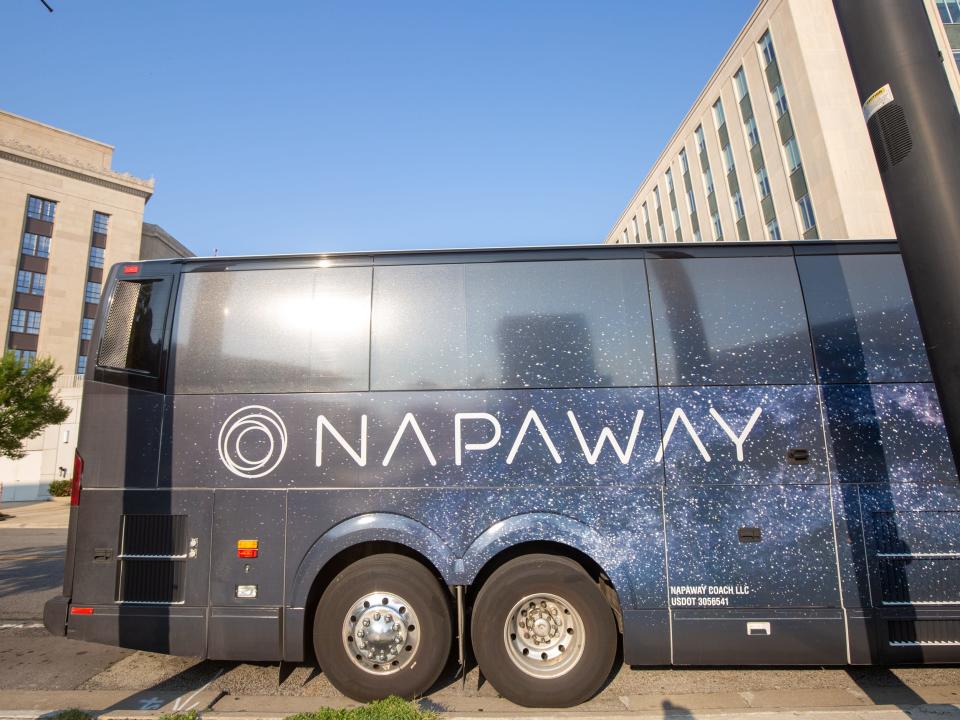 The exterior of the Napaway coach on a bright cloudless day.